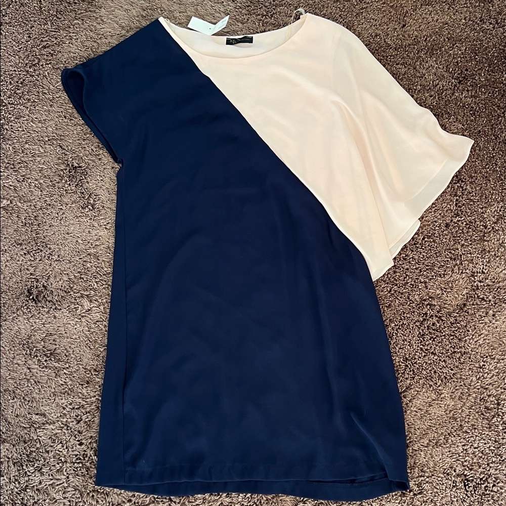 asymmetrical navy and pale pink dress